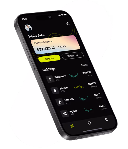 Tela de aplicativo móvel mostrando saldo e carteiras de criptomoedas como Bitcoin, Ethereum, Litecoin e Ripple 