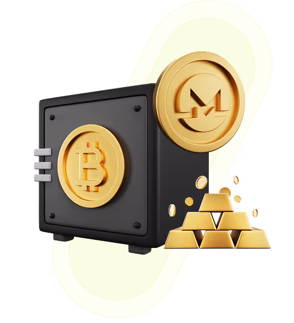 Cofre com símbolos de Bitcoin e Monero ao lado de barras de ouro, representando segurança em ativos digitais e metais preciosos